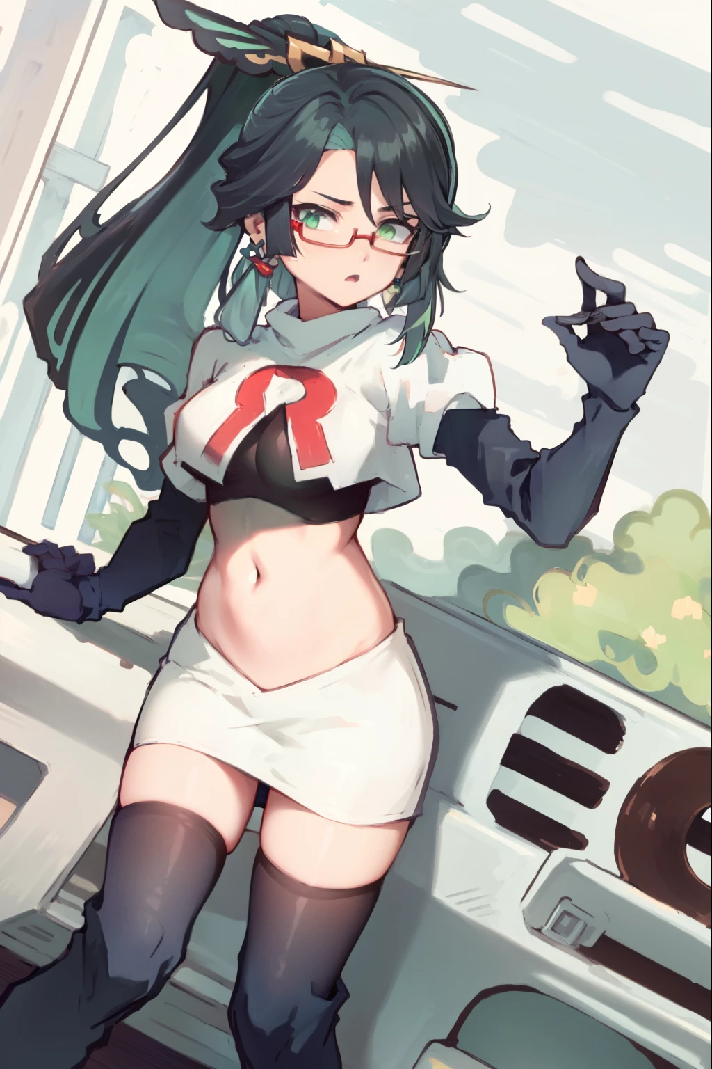 2d, masterpiece, best quality, anime, highly detailed face, perfect lighting, long hair, ponytail, multicolored hair, black hair, bangs, glasses, semi-rimless eyewear, earrings, green hair, hair ornament, jewelry, red-framed eyewear, green eyes, team rocket,team rocket uniform,white skirt,red letter R,crop top,black thigh-high boots,black elbow gloves,