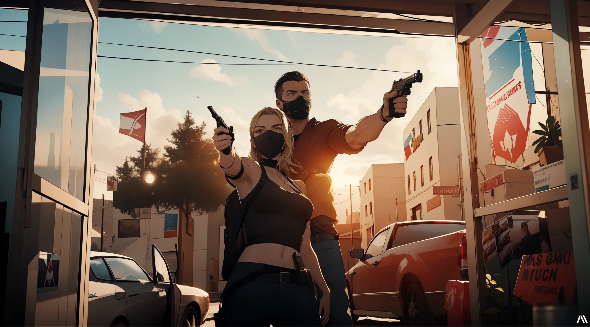 In a high-stakes scenario resembling a cinematic action sequence, an intense moment unfolds within a convenience store. Portrayed in a detailed and visually captivating video game screenshot, a man and a woman, armed and engaged in a heated gunfight, evoke a scene reminiscent of a 2025 video game. The atmosphere exudes cinematic quality akin to Margot Robbie's presence in GTA 6, exhibiting detailed graphics and a vivid portrayal of a mid-shot confrontation. This highly detailed and cinematic screenshot captures the essence of a gripping fight, offering a glimpse into the immersive world of PS5 gaming.