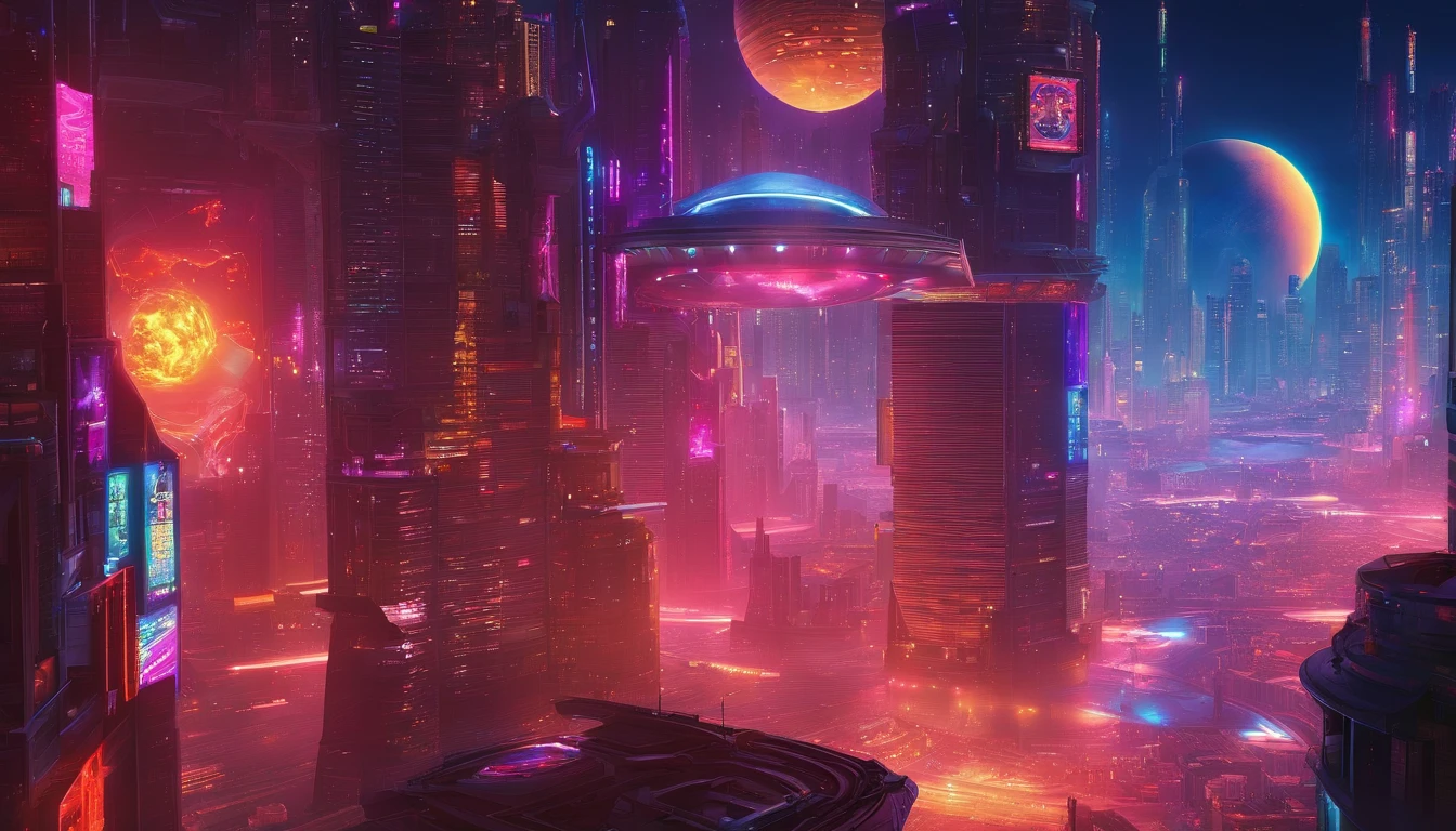 a high-angle shot of the neon planet and its rings from a distance, with a spaceship or astronaut in the frame, emphasizing the scale and vastness of the space environment