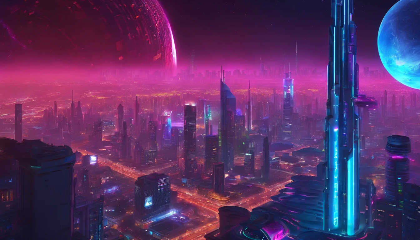 a high-angle shot of the neon planet and its rings from a distance, with a spaceship or astronaut in the frame, emphasizing the scale and vastness of the space environment