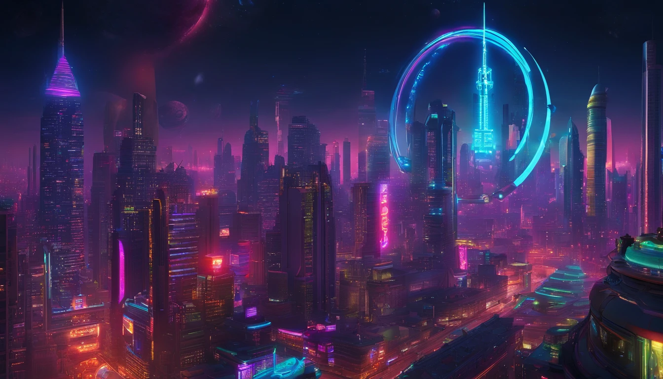 a high-angle shot of the neon planet and its rings from a distance, with a spaceship or astronaut in the frame, emphasizing the scale and vastness of the space environment