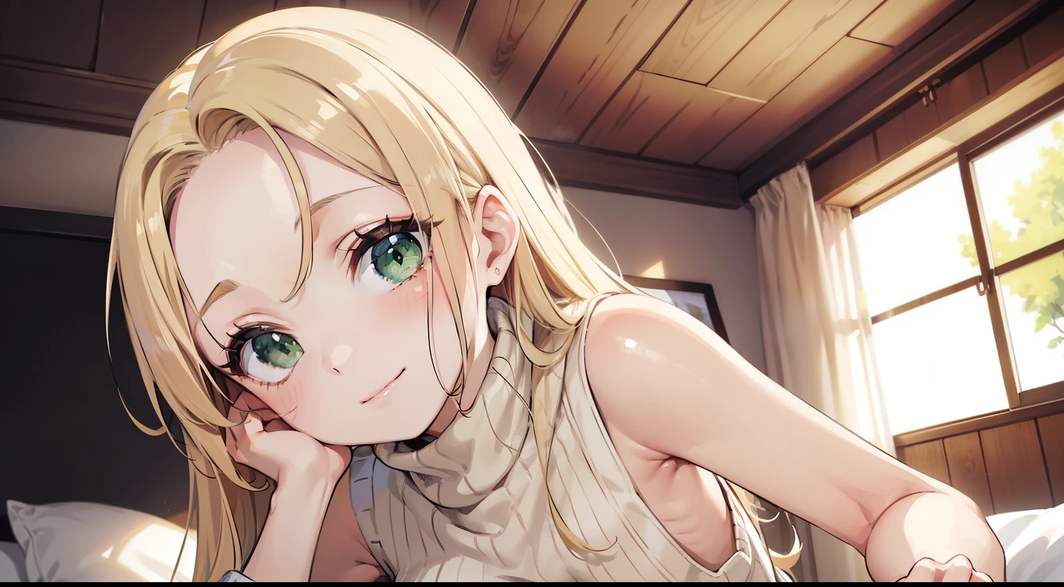 masterpiece, best quality, 1girl, solo, blonde, beige hair, very long hair, forehead, green eyes, small breasts, petite, nervous smile, cute, (turtleneck sweater, sleeveless, sleeveless sweater, oversized sweater, bottomless:1.15), (bedroom, bed, warm light), (portrait, from below), (cinematic),