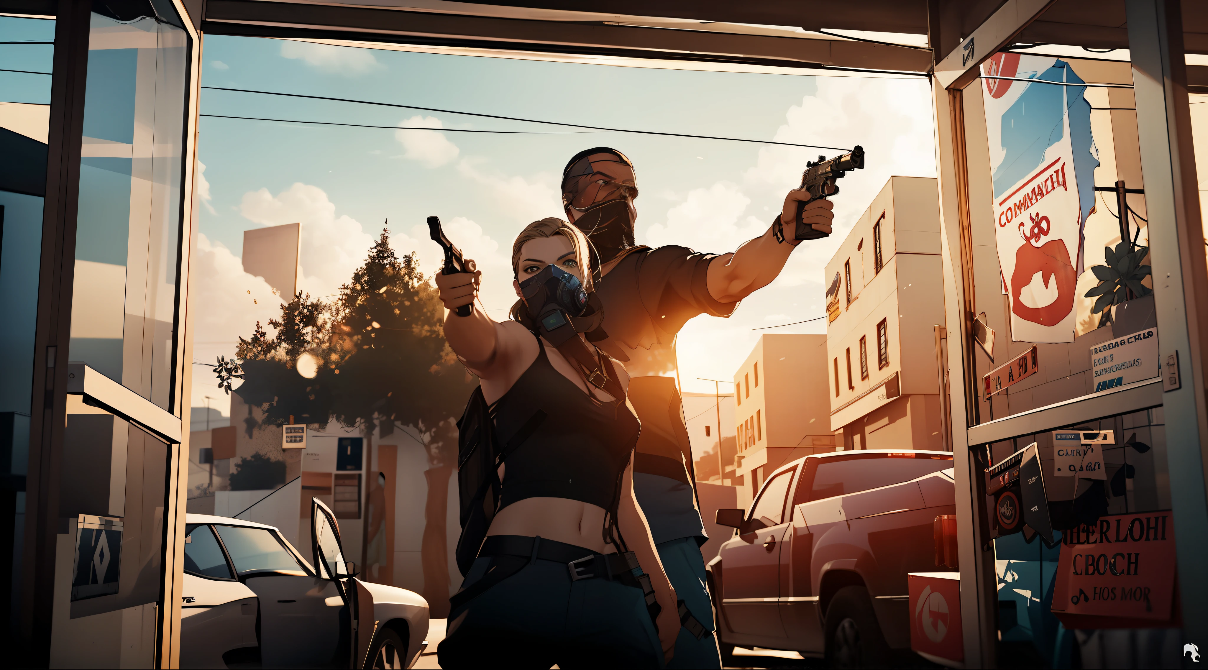 In a high-stakes scenario resembling a cinematic action sequence, an intense moment unfolds within a convenience store. Portrayed in a detailed and visually captivating video game screenshot, a man and a woman, armed and engaged in a heated gunfight, evoke a scene reminiscent of a 2025 video game. The atmosphere exudes cinematic quality akin to Margot Robbie's presence in GTA 6, exhibiting detailed graphics and a vivid portrayal of a mid-shot confrontation. This highly detailed and cinematic screenshot captures the essence of a gripping fight, offering a glimpse into the immersive world of PS5 gaming.
