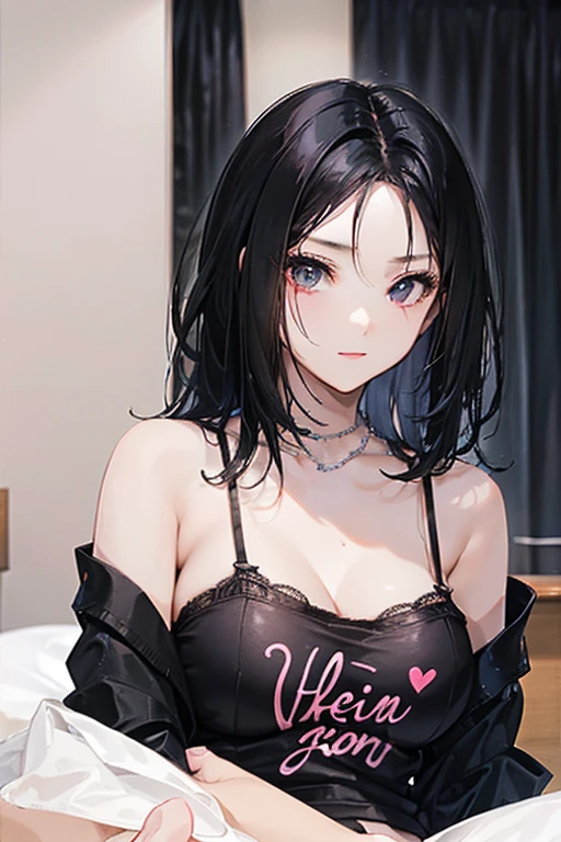 black hair, black eyes, Sexy, large breasts, pink lingerie, pink underwear, a hotel bedroom