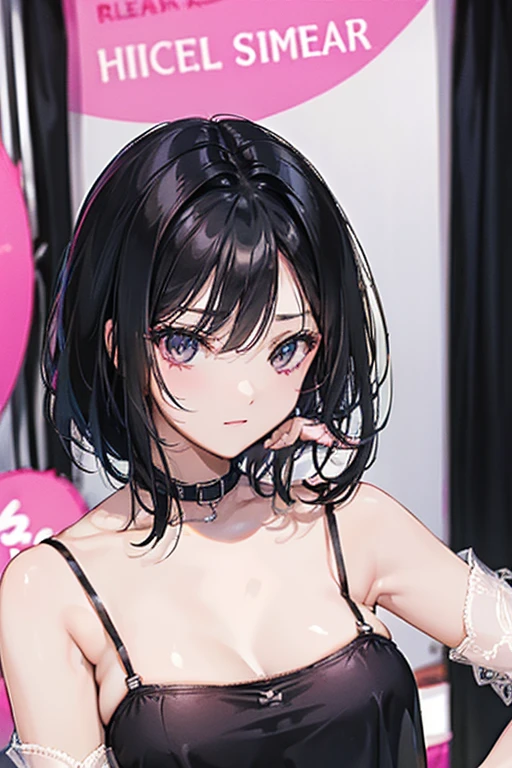 black hair, black eyes, Sexy, large breasts, pink lingerie, pink underwear, a hotel bedroom