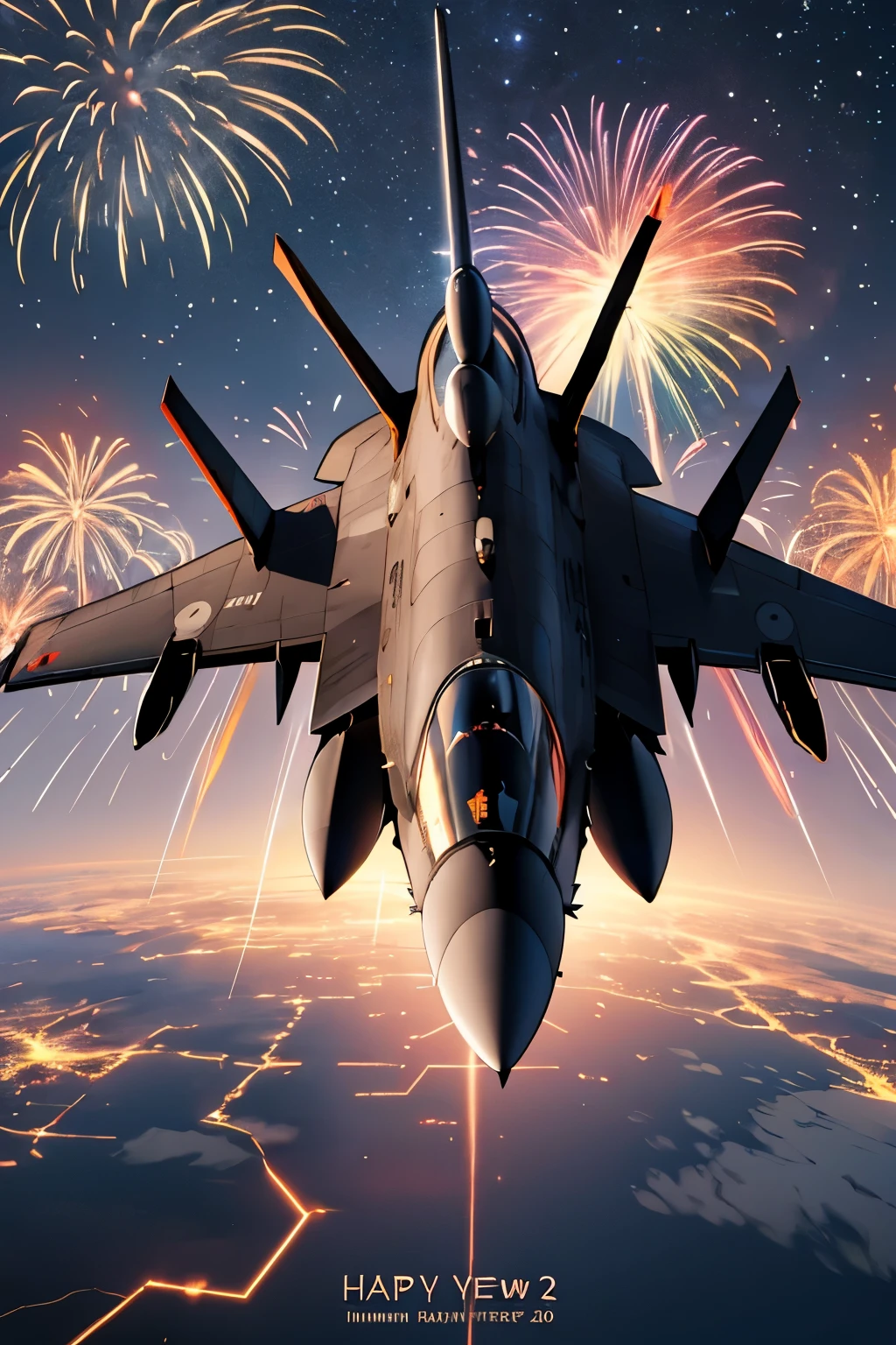 Create an image with the main subject of a military jet Eurofighter , der Hintergrund ist ein Stern Reicher Nachthimmel mit viel Feuerwerk. Es ist der Schriftzug "Happy New Year 2024" im Himmel dargestellt