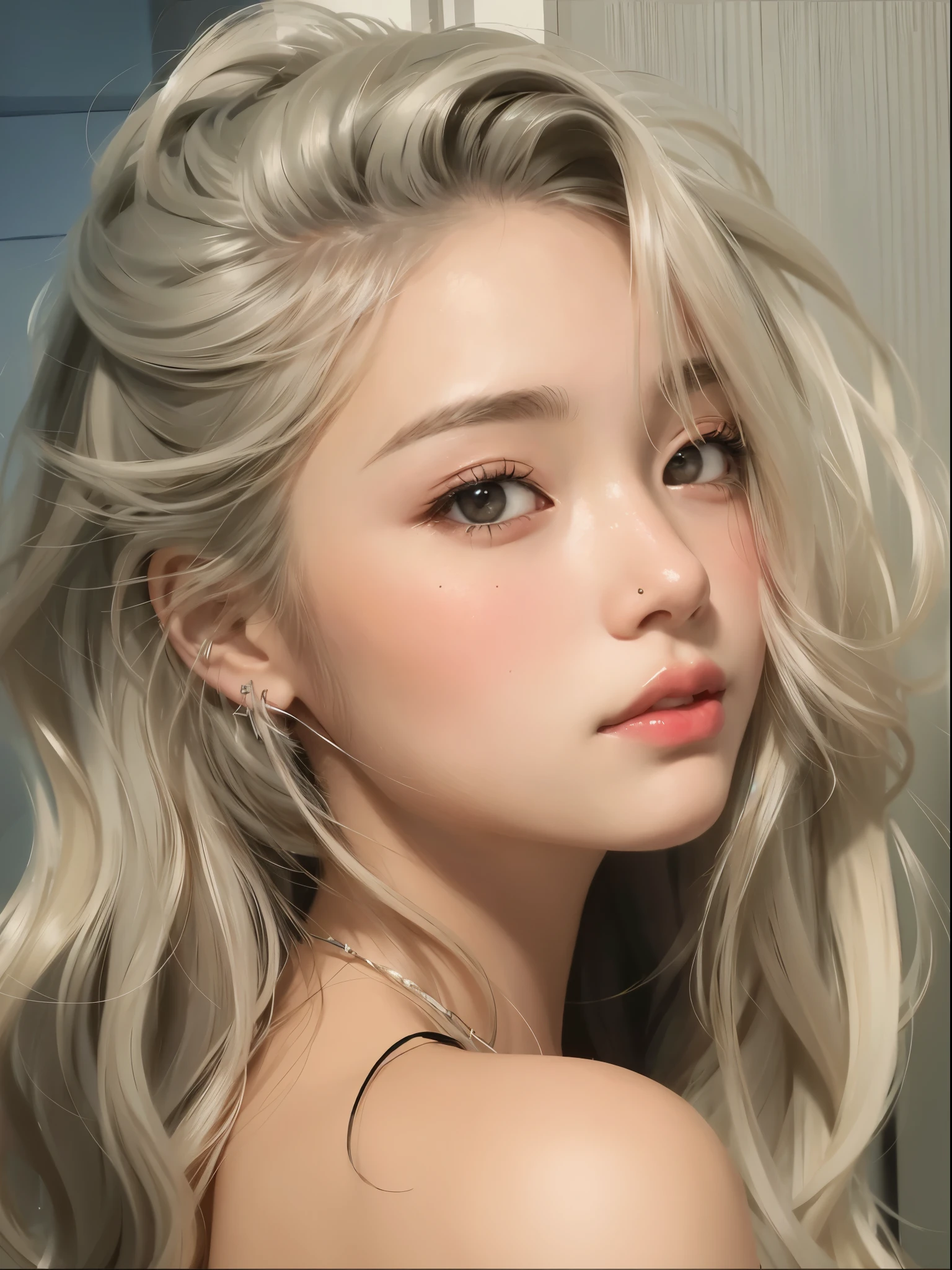 un primer plano de una mujer con cabello rubio y aretes, kawaii realista portrait, Obras de arte al estilo de Guweiz, inspirado por Yanjun Cheng, realista artstyle, [ Arte digital 4K ]!!, realista. Cheng Yi, realista digital painting, realista cute girl painting, in the art style of bowater, realista anime artstyle, Hermoso retrato de anime