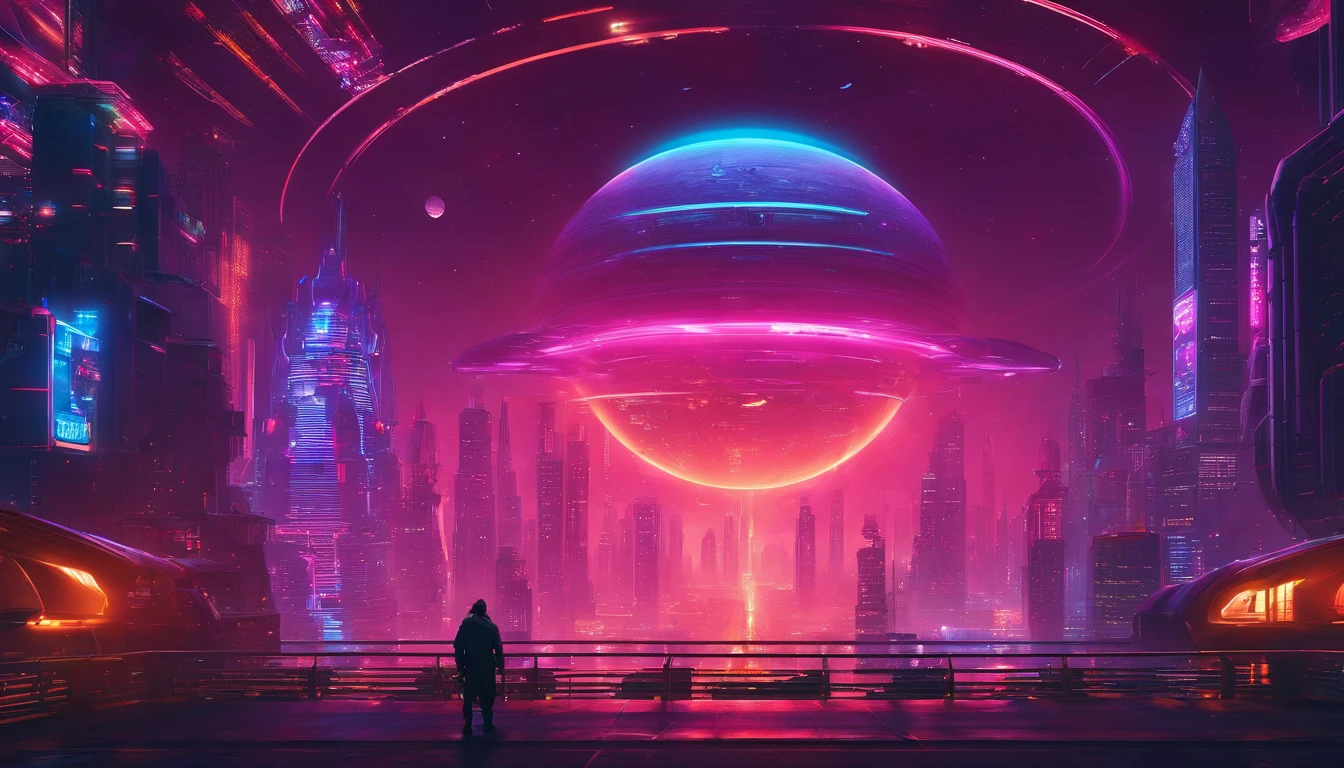 a high-angle shot of the neon planet and its rings from a distance, with a spaceship or astronaut in the frame, emphasizing the scale and vastness of the space environment