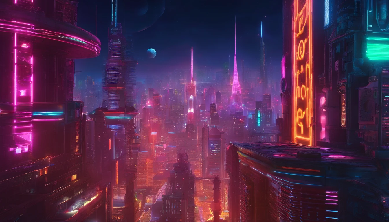 a high-angle shot of the neon planet and its rings from a distance, with a spaceship or astronaut in the frame, emphasizing the scale and vastness of the space environment