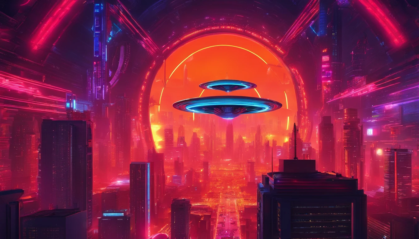 a high-angle shot of the neon planet and its rings from a distance, with a spaceship or astronaut in the frame, emphasizing the scale and vastness of the space environment