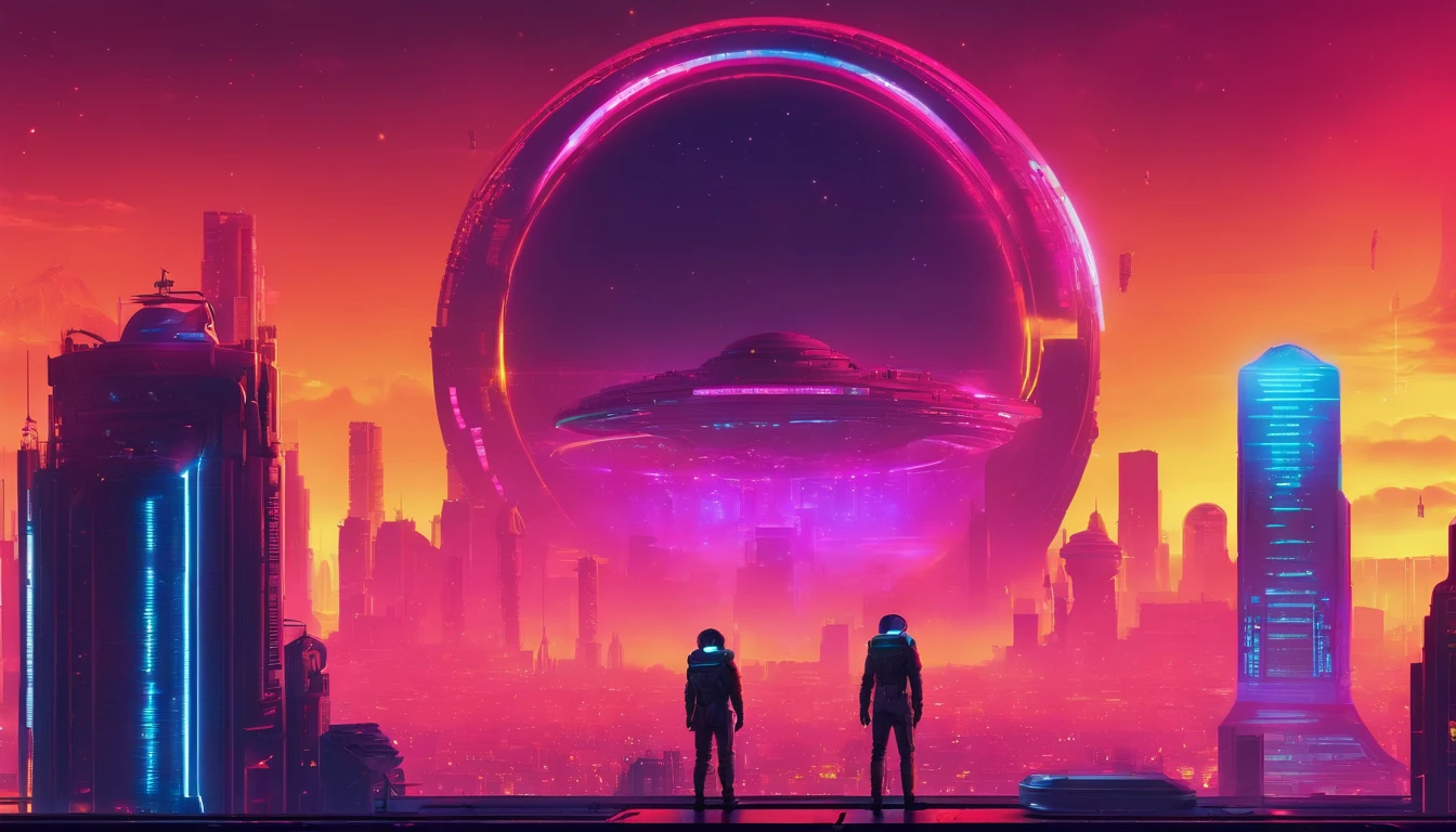 a high-angle shot of the neon planet and its rings from a distance, with a spaceship or astronaut in the frame, emphasizing the scale and vastness of the space environment