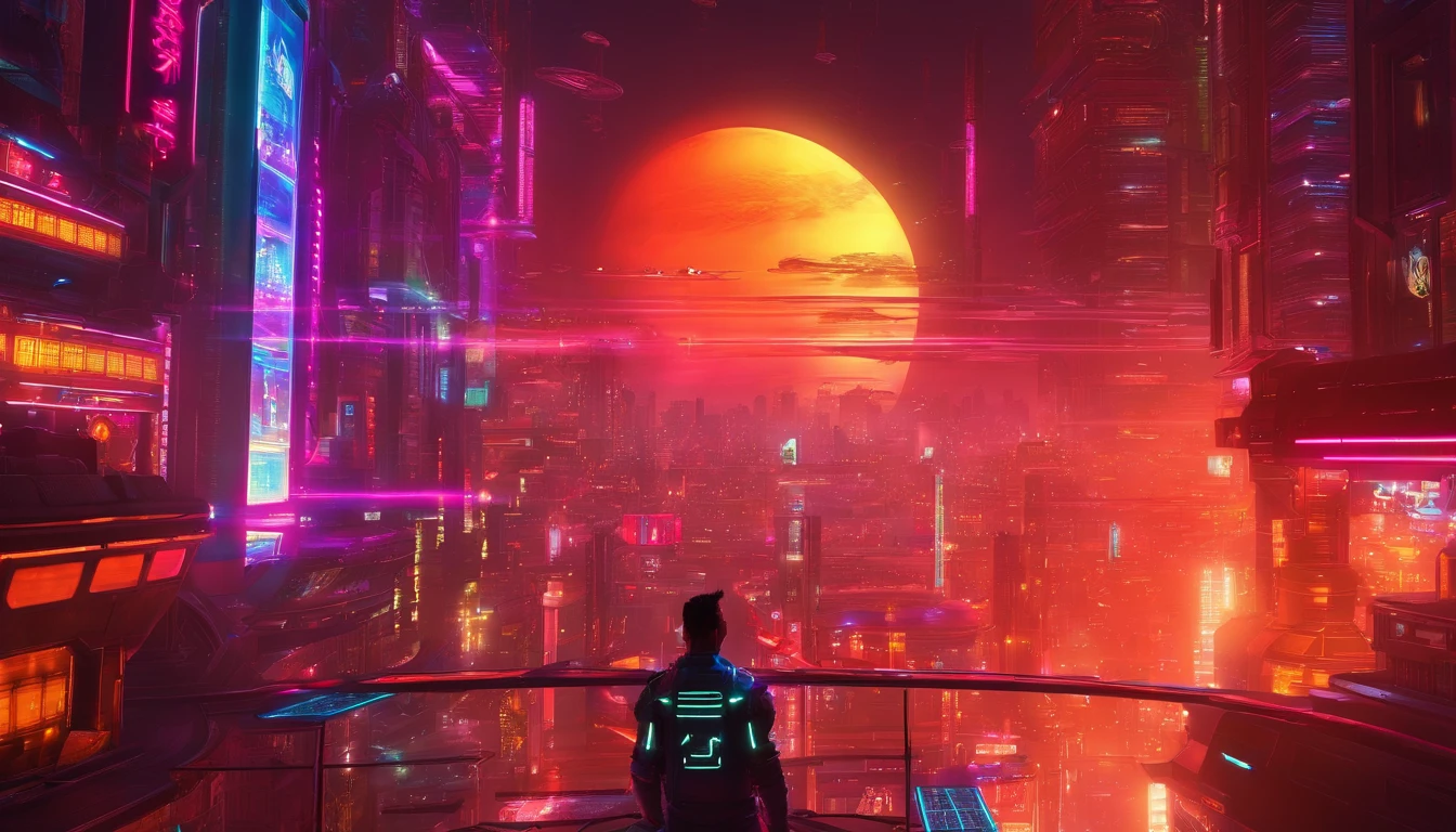 a high-angle shot of the neon planet and its rings from a distance, with a spaceship or astronaut in the frame, emphasizing the scale and vastness of the space environment