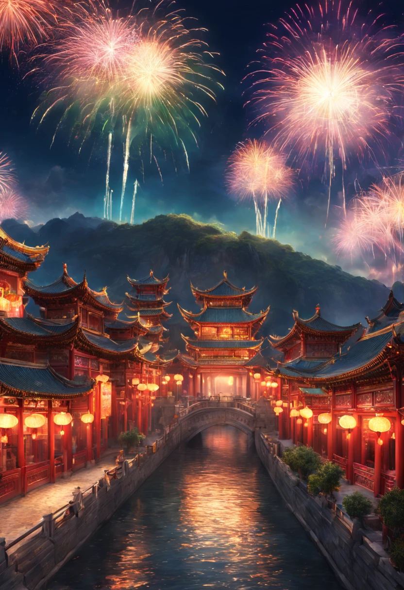 Colorful heart glowing effect complex light splash on ancient Chinese city ，depth of fields，Emphasis on HD details，ultra - detailed，Intricate clear spots of light at night，Colorful fireworks in the sky， 

        ，Real light，wide wide shot, Ultra-wide angle crisp ray traced rendering，hyper realisitc，Best quality at best，8K，An artwork of，ultradetailed，detailed