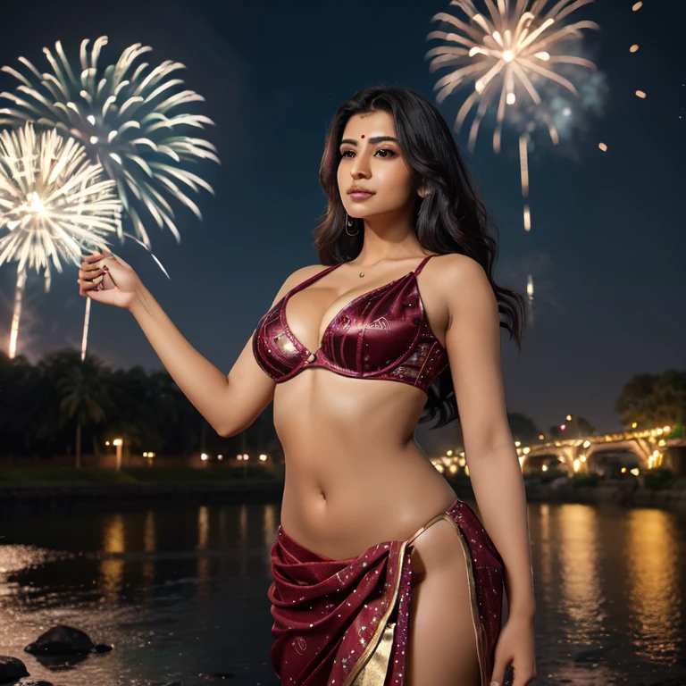 beautiful and sexy indian woman in night , age 20, gigantic saggy boob 1:6, cleavage, wore stylish and design light bra and saree , standing in river side, model pose, beautiful body, masterpiece, ultra realistic,detailed,16k , potrait ,Film type light, camera angle front, looking at viewer, View from below,(bright and sparkling:1.1), magnificent explosion, (spectacular and mesmerizing:1.2), ,(crackling and popping sounds), (captivating and breathtaking:1.1) display of lights, (dazzling and radiant) patterns, (enchanting and magical), (explosive and energetic), (celebration and joy), text '2024'、"Happy New Year" characters、