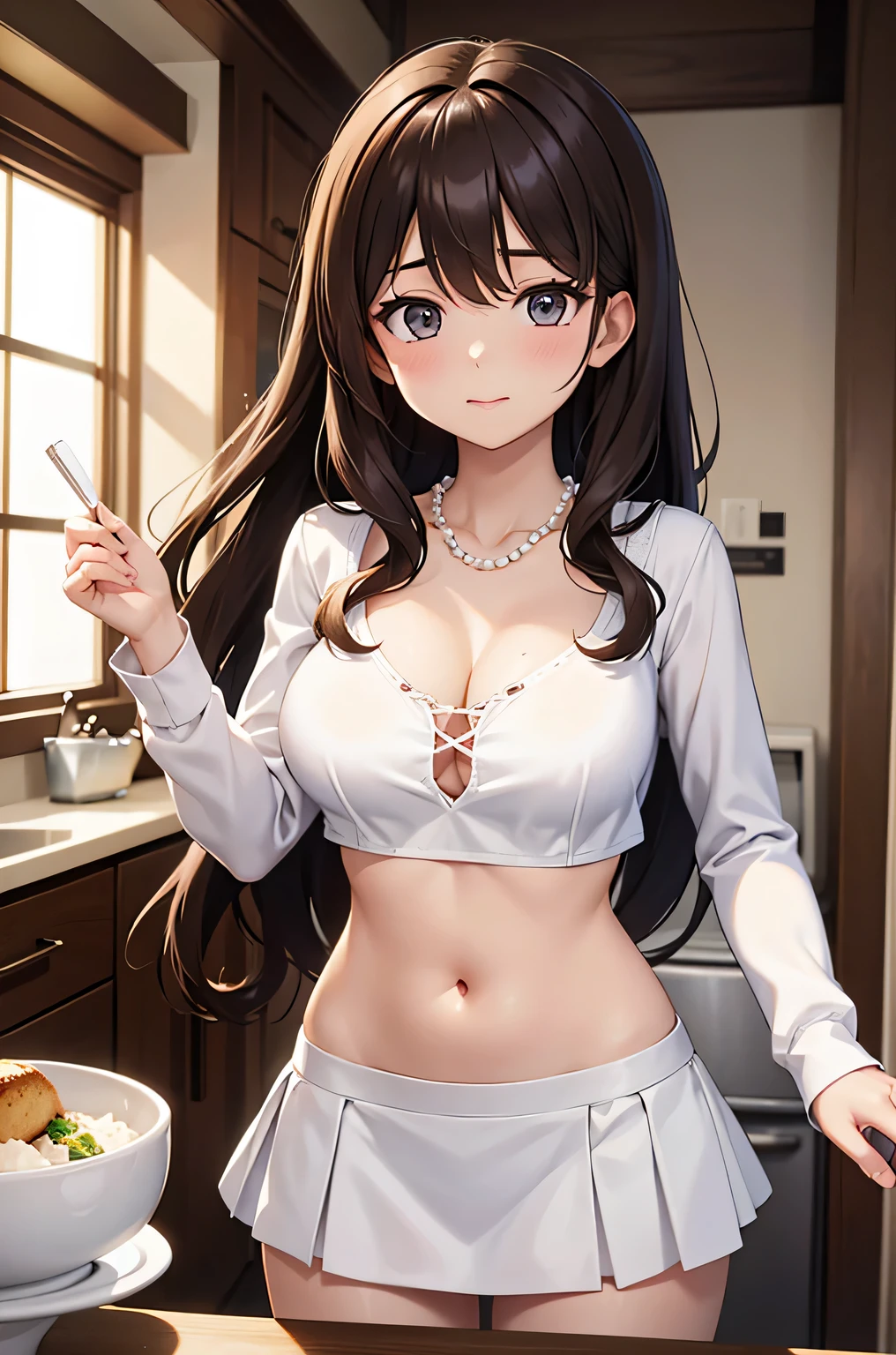 super fine illustration, vibrant colors, masterpiece, sharp focus, best quality, depth of field, cinematic lighting, ultra detailed, collarbone, white shirt, long sleeves, v neck, gypsy top, MILF, 1 woman, solo, midriff, tummy, belly button, large navel, kitchen, food on table, looking down, medium breasts, curly hair, long hair, white miniskirt, pearl necklace, older sister, dark brown hair, tighs,