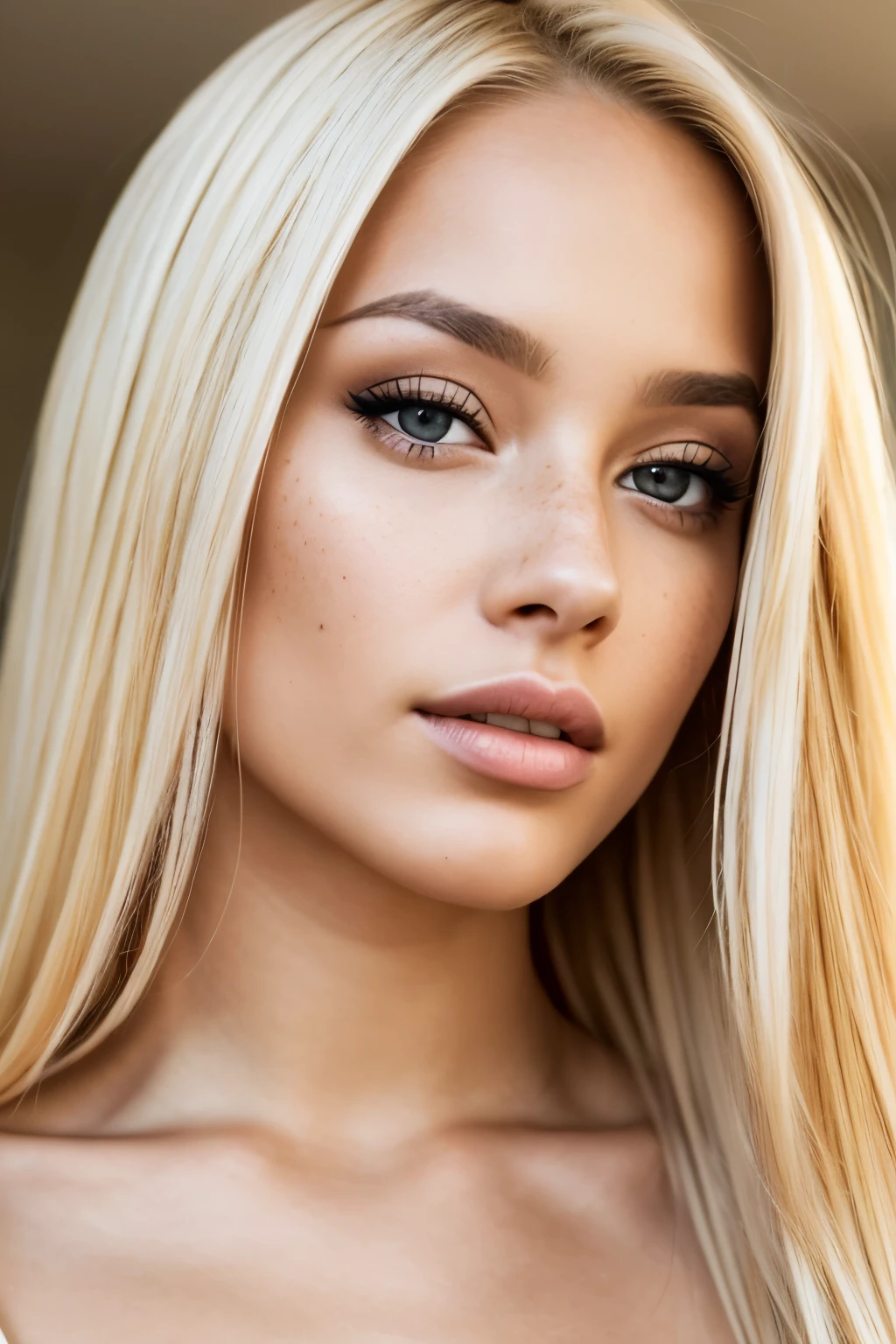 (close-up editorial front photo of 25 yo woman, blonde hair, slim latinas sweetheart), (freckles:0.9), (full lips) close, (yelloreen) eyes, POV, realistic[:, (film grain, 25mm, f/1.2, dof, bokeh, beautiful symmetrical face, perfect sparkling eyes, well defined pupils, high contrast eyes, ultra detailed skin, skin pores, vellus hair, fabric stitching, fabric texture, wood grain, stone texture, finely detailed features:1):0.9]