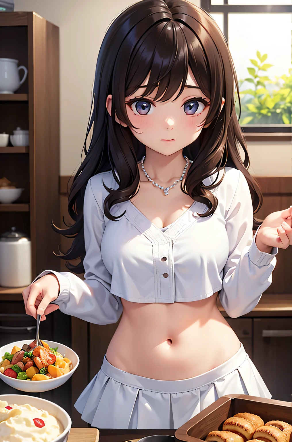 (best quality,4k,8k,highres,masterpiece:1.2), ultra-detailed, nishikino maki, purple eyes, white panties,bra, standing , elegant smile, cowboy shot, hair ornamen , in kitchen, food