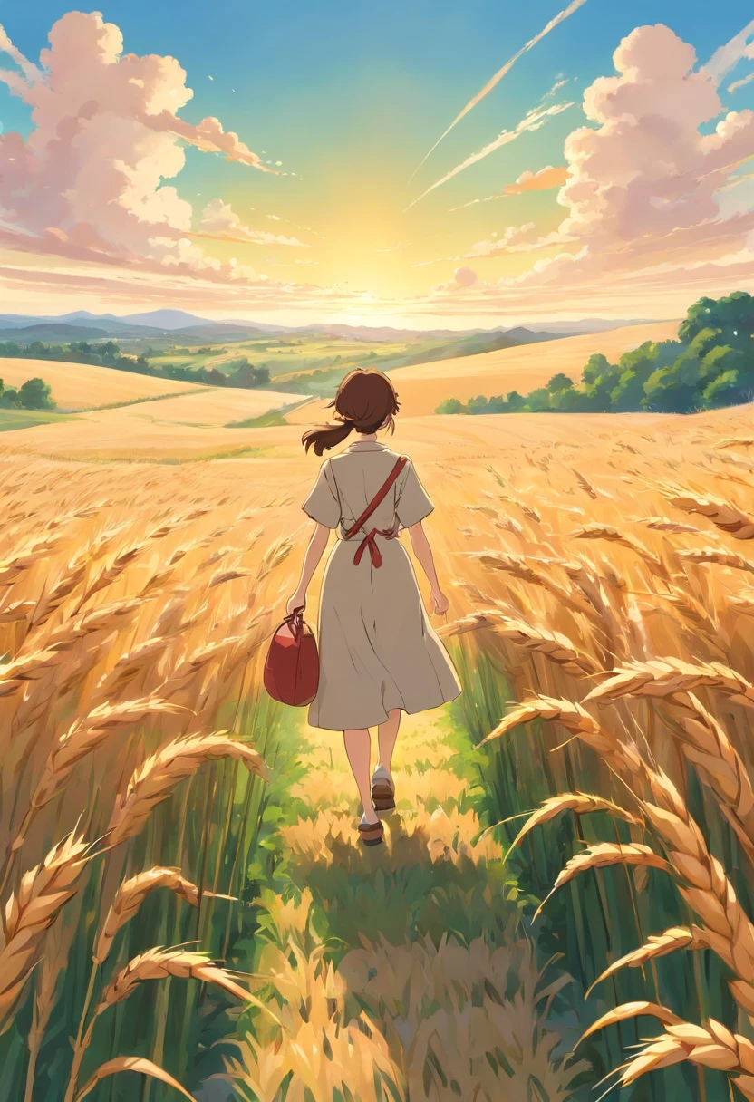 a lifestyle shot of a person walking through a wheat field, surrounded by the tall stalks, capturing the sense of being immersed in the beauty of nature