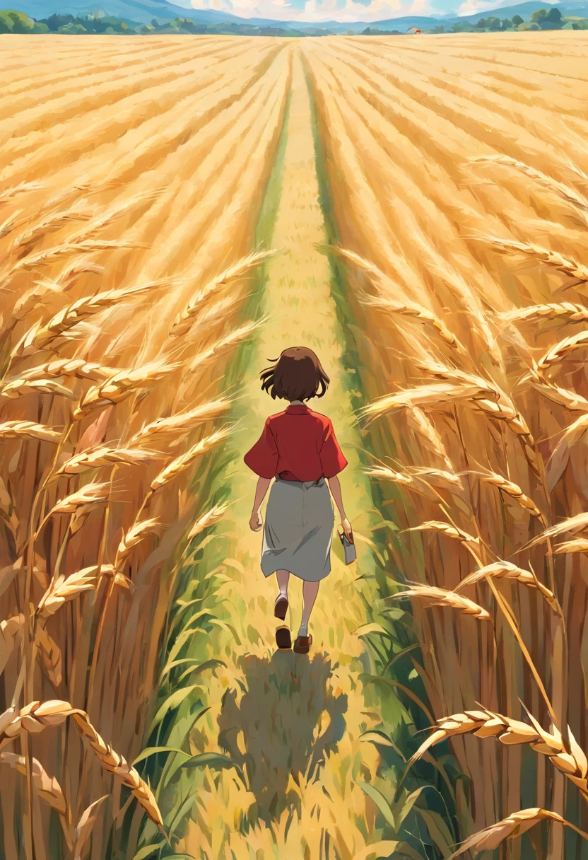 a lifestyle shot of a person walking through a wheat field, surrounded by the tall stalks, capturing the sense of being immersed in the beauty of nature