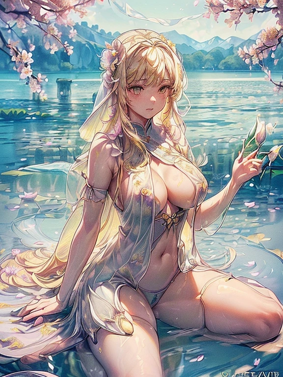 ((Finest quality)),(超A high resolution),(Ultra-detailed細),(Meticulous portrayal),((the most picturesque works of art),Ultra-Precision Art,The art of astounding depiction,Fantasyart:1.5, ((((Beautiful flowers々:1.5))), ((Body eroded by flowers:1.3)),(Glamorous body:1.3),fancy background effects、masterpiece、Fancy details、(NSFW 1.1), ((1girl in)), ((masutepiece)), ((Highly detailed:1.3)), In crystal clear water,beautiful woman entering the lake, ((long yellow hair)), Wet hair, Wearing a light transparent dress, clothed bathing, steam, (many petals floating on the lake:1.8), Early morning light, Ivory Gold AI, windows, Crepscular lighting, 、Lace sheer underwear、very very gigantic boobs、Transparent pink nipples、Transparent pink areola、lace and string shorts.、princess carry,Sexy lingerie with lace and strings,See-through sexy lingerie,Transparent lingerie、translucent dress、pearlsescent、pearls、Sexy Harness、Sexy garter belt、Sexy Stockings、Well equipped,intimate, rose garden、Multicolored roses、lake with floating roses、Lying down、Open legs、Spread your legs、Open thighs、Immersion in water、Wet body、splash water、gorgeous flower decoration、big flowers、stylish hair、Moon, lantern, Night, Solo, playing in the water, Water, hair flower, flower, Outdoors, skyporn, full Moon, Rain, lantern, wet clothes, skyporn, wet hair (((masutepiece),(the Extremely Detailed CG Unity 8K Wallpapers),Best Quality,Cinematic lighting,Detailed background,Beautiful detailed eyes,Bright pupils, (extremely delicate and beautiful),(Beautiful and detailed eyes description), Ultra-detailed,masutepiece,)),((Yellow eyes))、