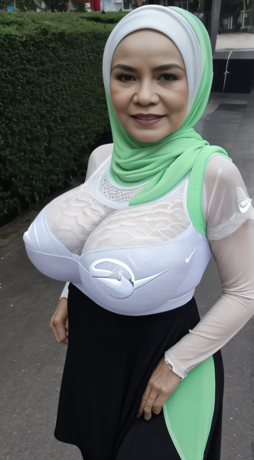 86 Years old, Indonesian mature woman, wearing Hijab, white skin like porcelain, Perfect body, Full body, natural Gigantic mature  : 98.9, gorgeous eyes, Soft smile, wear a Tight Lace Bra, Wet Lace Bra :12.8, Sweaty body : 5.9,  about to burst out, Saggy , (GREEN), NIKE, ATMOSPHERE IN THE VILLAGE, NET STOCKINGS, NET STOCKINGS. ((NIKE SNEAKERS)), LACE, WATER THEME PARK.
