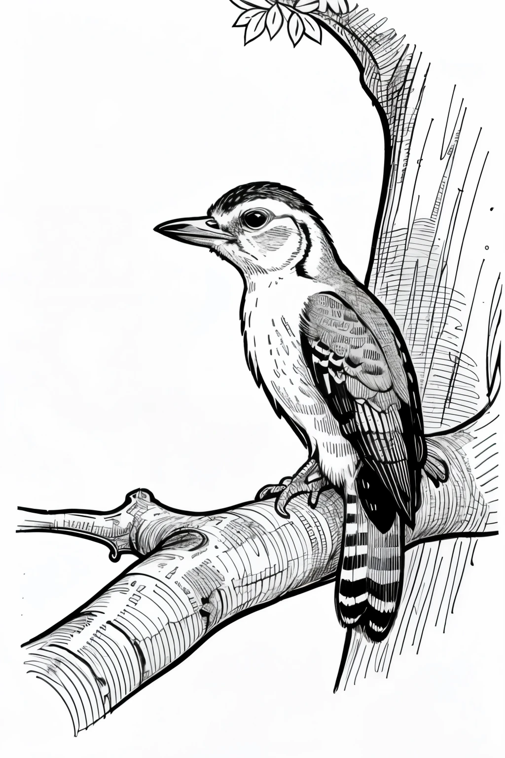 Coloring book of a woodpecker in the forest, cartoon style, lines thick, colorless, white background, just lines, imagem dimension 768 X 1024