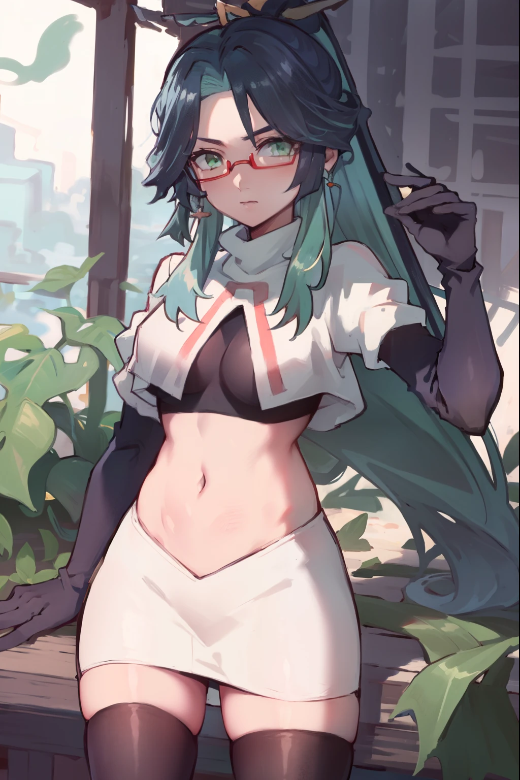 2d, masterpiece, best quality, anime, highly detailed face, perfect lighting, long hair, ponytail, multicolored hair, black hair, bangs, glasses, semi-rimless eyewear, earrings, green hair, hair ornament, jewelry, red-framed eyewear, green eyes, team rocket,team rocket uniform,white skirt,red letter R,crop top,black thigh-high boots,black elbow gloves,