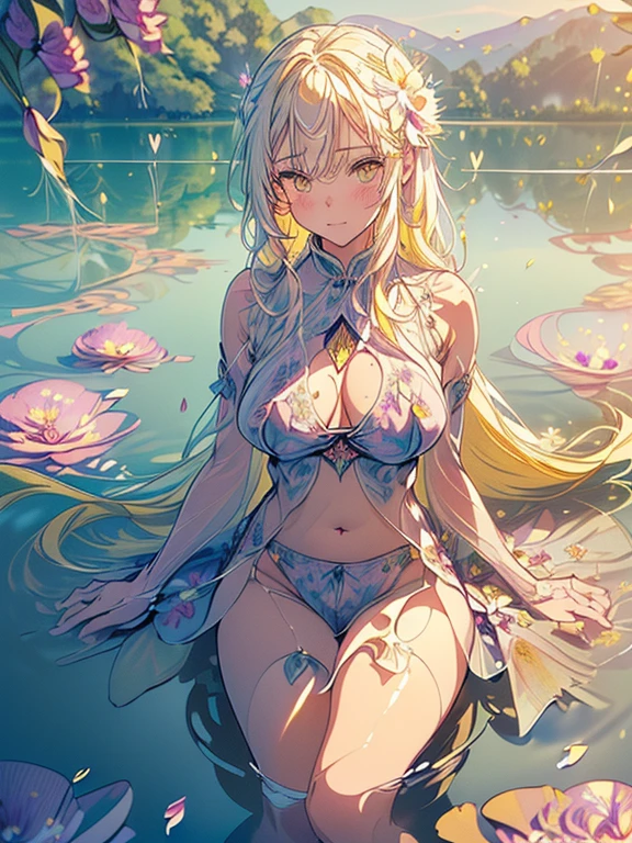 ((Finest quality)),(超A high resolution),(Ultra-detailed細),(Meticulous portrayal),((the most picturesque works of art),Ultra-Precision Art,The art of astounding depiction,Fantasyart:1.5, ((((Beautiful flowers々:1.5))), ((Body eroded by flowers:1.3)),(Glamorous body:1.3),fancy background effects、​masterpiece、Fancy details、(???? 1.1), ((1girl in)), ((masutepiece)), ((Highly detailed:1.3)), In crystal clear water,beautiful woman entering the lake, ((long yellow hair)), Wet hair, Wearing a light ?????????????????, clothed bathing, steam, (many petals floating on the lake:1.8), Early morning light, Ivory Gold AI, windows, Crepscular lighting, 、Lace sheer ?????????、very very gigantic ?????、Transparent pink ???????、Transparent pink ??????、lace and string shorts.、princess carry,????????????? with lace and strings,See-through ?????????????,Transparent lingerie、translucent  dress、pearlsescent、pearls、???? Harness、???? garter belt、???? Stockings、Well equipped,intimate, rose garden、Multicolored roses、lake with floating roses、Lying down、?????????、Spread your ????????? thighs、Immersion in water、Wet body、splash water、gorgeous flower decoration、big flowers、stylish hair、Moon, lantern, Night, Solo, playing in the water, Water, hair flower, flower, Outdoors, skyporn, full Moon, Rain, lantern, wet clothes, skyporn, wet hair (((masutepiece),(the Extremely Detailed CG Unity 8K Wallpapers),Best Quality,Cinematic lighting,Detailed background,Beautiful detailed eyes,Bright pupils, (extremely delicate and beautiful),(Beautiful and detailed eyes description)， Ultra-detailed,masutepiece,)),((Yellow eyes))、
