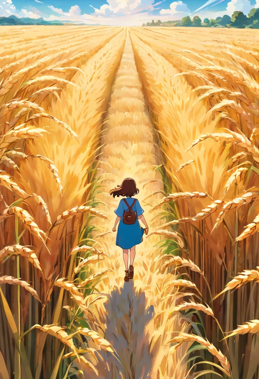 a lifestyle shot of a person walking through a wheat field, surrounded by the tall stalks, capturing the sense of being immersed in the beauty of nature