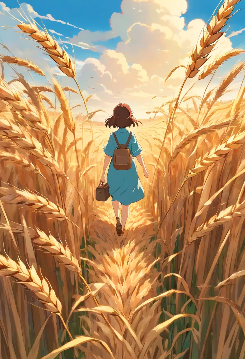 a lifestyle shot of a person walking through a wheat field, surrounded by the tall stalks, capturing the sense of being immersed in the beauty of nature
