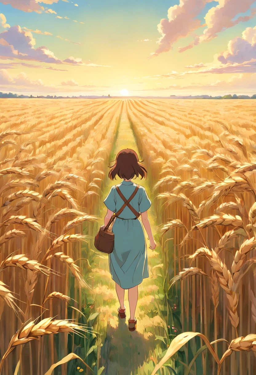 a lifestyle shot of a person walking through a wheat field, surrounded by the tall stalks, capturing the sense of being immersed in the beauty of nature