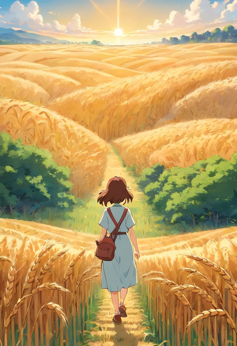 a lifestyle shot of a person walking through a wheat field, surrounded by the tall stalks, capturing the sense of being immersed in the beauty of nature