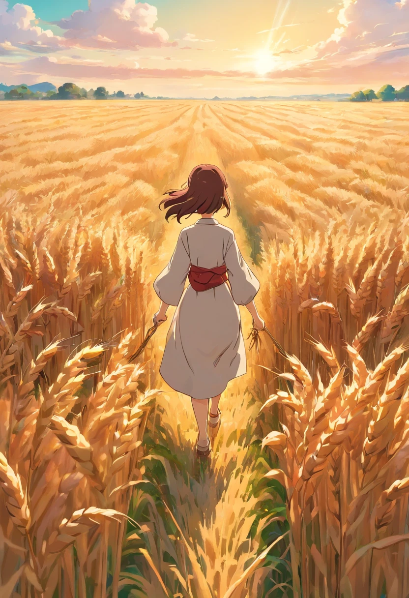 a lifestyle shot of a person walking through a wheat field, surrounded by the tall stalks, capturing the sense of being immersed in the beauty of nature