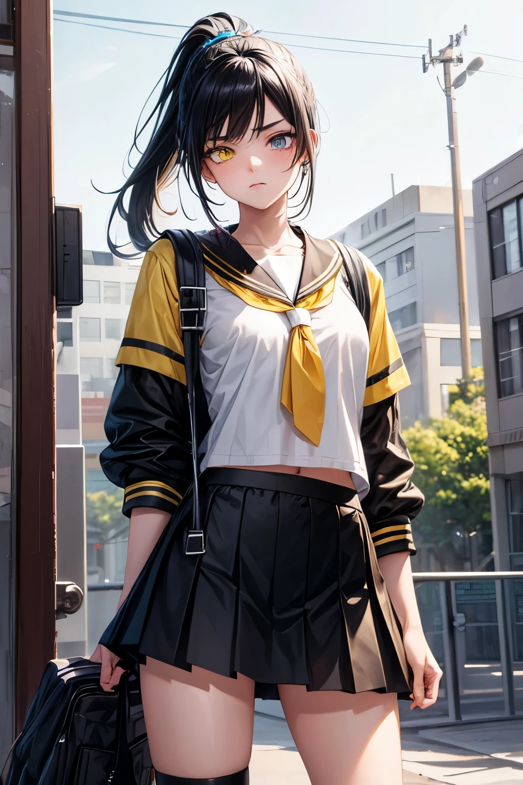 absurdres, detailed background ,detailed, delinquent, school, tomboy, black hair, bright eyes, long hair, ponytail, (heterochromia, yellow, blue), shorts under skirt,