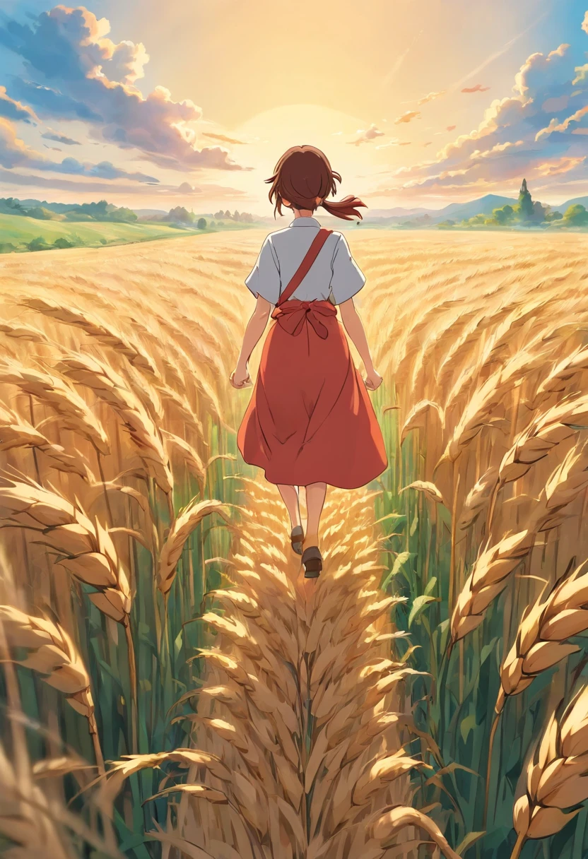 a lifestyle shot of a person walking through a wheat field, surrounded by the tall stalks, capturing the sense of being immersed in the beauty of nature