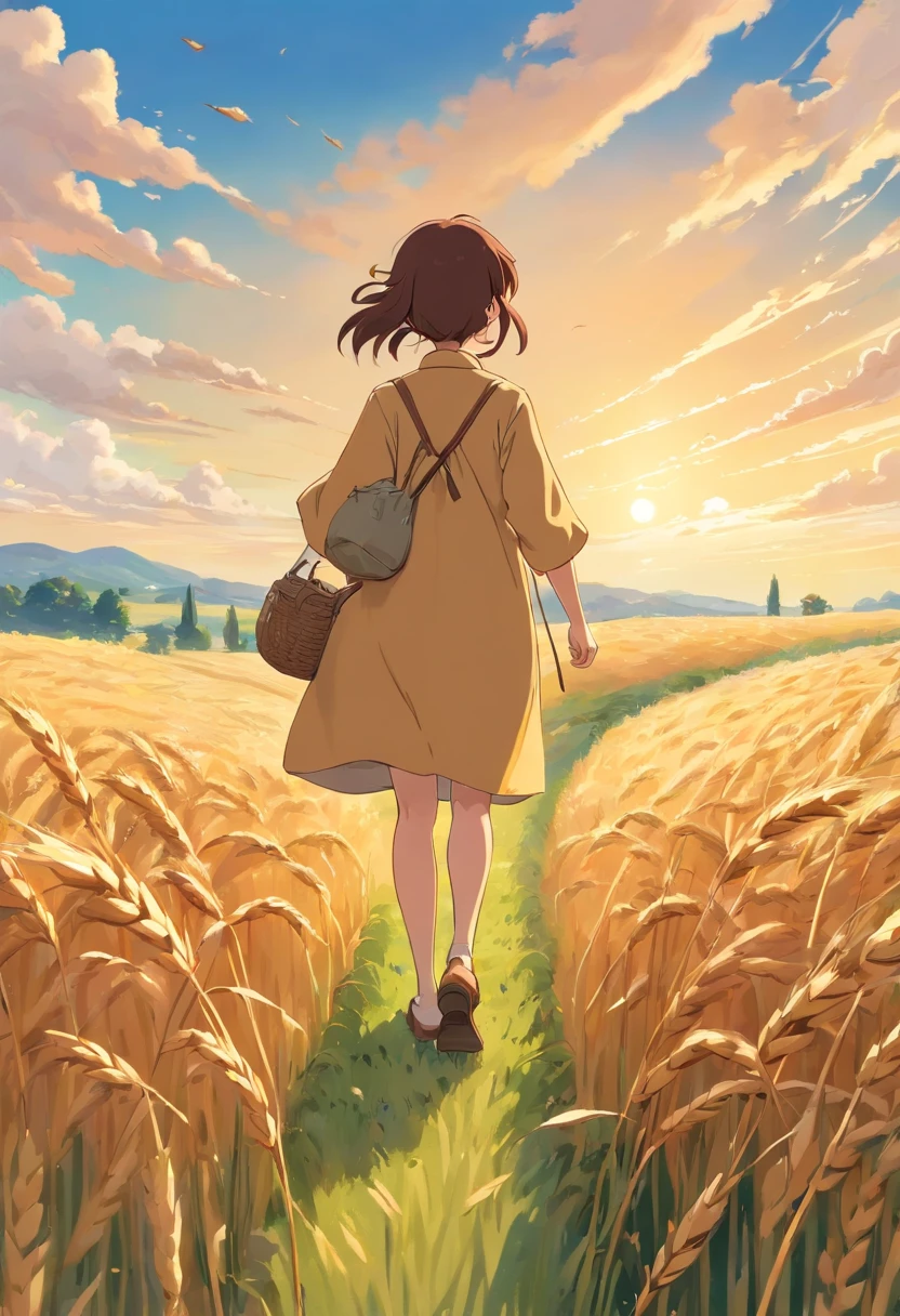 a lifestyle shot of a person walking through a wheat field, surrounded by the tall stalks, capturing the sense of being immersed in the beauty of nature