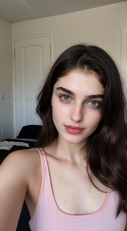 ((Front facing camera selfie)), 18 yo girl named Zahra Amiri, (straight nose), (prominent nose bridge), (female face golden ratios:1.15), long dense dark brown hair, (pale skin:1.25), (hazel eyes), thin eyebrows, high cheekbones, beautiful plump pink lips, no makeup, wearing tank top, bedroom background, sunlight, smirk