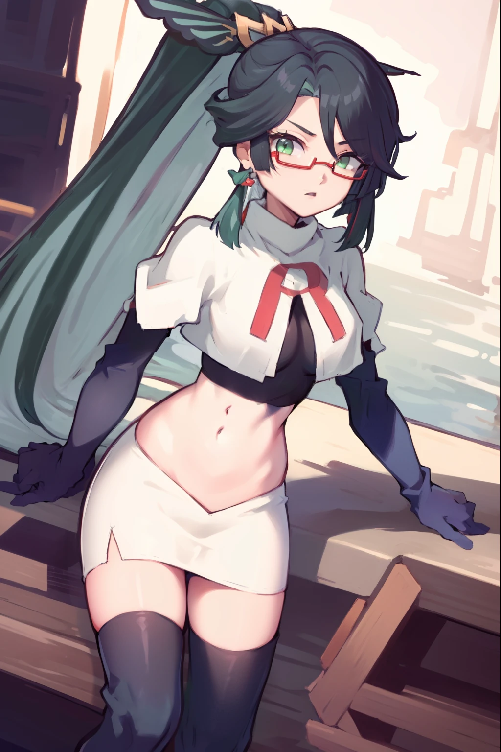 2d, masterpiece, best quality, anime, highly detailed face, perfect lighting, long hair, ponytail, multicolored hair, black hair, bangs, glasses, semi-rimless eyewear, earrings, green hair, hair ornament, jewelry, red-framed eyewear, green eyes, team rocket,team rocket uniform,white skirt,red letter R,crop top,black thigh-high boots,black elbow gloves,