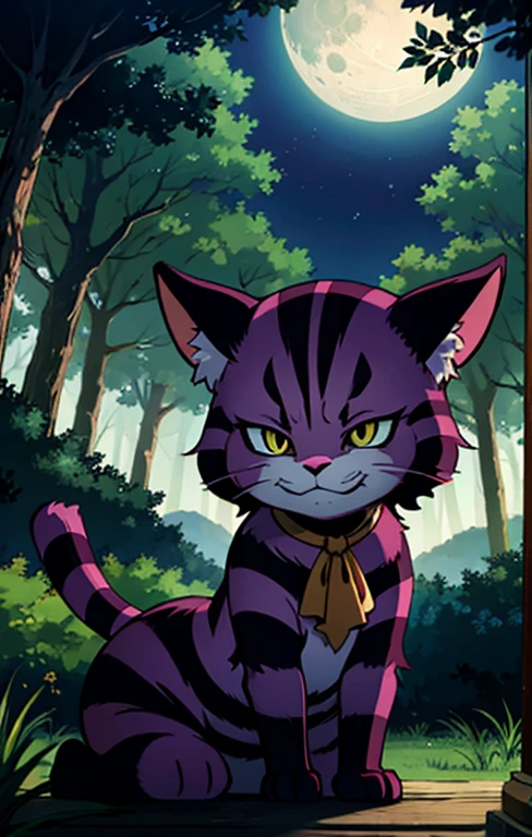 "Cheshire cat, appearing realistically, in a fantasy forest environment, at night with moonlights coming out of the forest, detailed and impressive, devious,