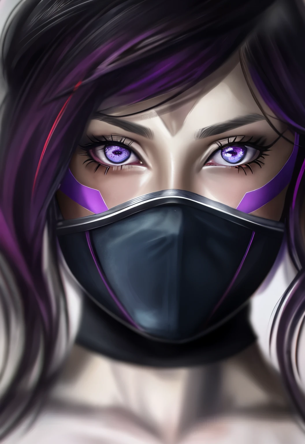 A close-up of a woman with a mask on her face, Akali, Akali from league of legends, Samira de League of Legends, villainy, goth ninja, Fiora de League of Legends, Piel fucsia debajo de la armadura, Irelia from league of legends, ojos rosados, unknown artstyle, glowing ojos rosados, Irelia