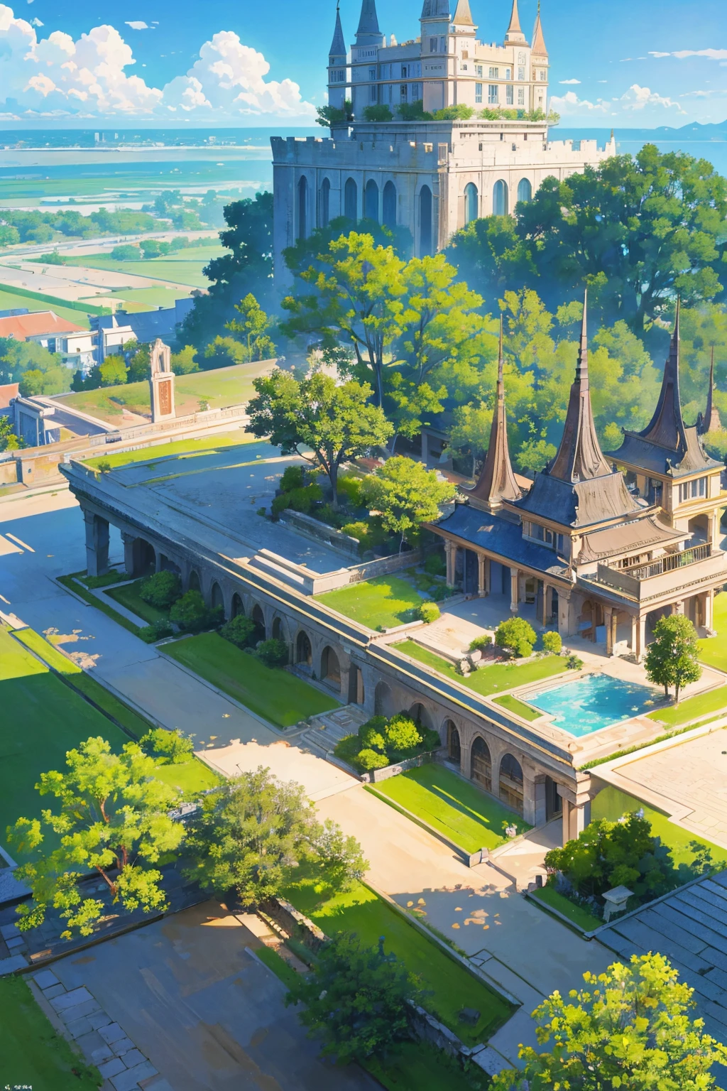 A large building with green space along the building.,modern and ancient,It came out beautifully..,master-piece,View from above,You can see the entire area of the castle..,The castle is located near the city..,Desert City,Sarai sea, Kwang Yai