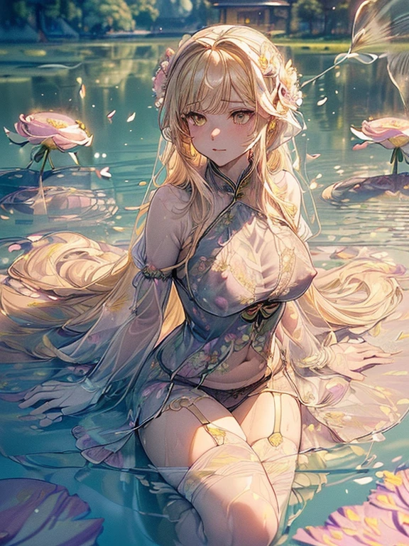 ((Finest quality)),(超A high resolution),(Ultra-detailed細),(Meticulous portrayal),((the most picturesque works of art),Ultra-Precision Art,The art of astounding depiction,Fantasyart:1.5, ((((Beautiful flowers々:1.5))), ((Body eroded by flowers:1.3)),(Glamorous body:1.3),fancy background effects、​masterpiece、Fancy details、(NSFW 1.1), ((1girl in)), ((masutepiece)), ((Highly detailed:1.3)), In crystal clear water,beautiful woman entering the lake, ((long yellow hair)), Wet hair, Wearing a light transparent dress, clothed bathing, steam, (many petals floating on the lake:1.8), Early morning light, Ivory Gold AI, windows, Crepscular lighting, 、Lace sheer underwear、very very gigantic boobs、Transparent pink nipples、Transparent pink areola、lace and string shorts.、princess carry,Sexy lingerie with lace and strings,See-through sexy lingerie,Transparent lingerie、translucent  dress、pearlsescent、pearls、Sexy Harness、Sexy garter belt、Sexy Stockings、Well equipped,intimate, rose garden、Multicolored roses、lake with floating roses、Lying down、Open legs、Spread your legs、Open thighs、Immersion in water、Wet body、splash water、gorgeous flower decoration、big flowers、stylish hair、Moon, lantern, Night, Solo, playing in the water, Water, hair flower, flower, Outdoors, skyporn, full Moon, Rain, lantern, wet clothes, skyporn, wet hair (((masutepiece),(the Extremely Detailed CG Unity 8K Wallpapers),Best Quality,Cinematic lighting,Detailed background,Beautiful detailed eyes,Bright pupils, (extremely delicate and beautiful),(Beautiful and detailed eyes description)， Ultra-detailed,masutepiece,)),((Yellow eyes))、