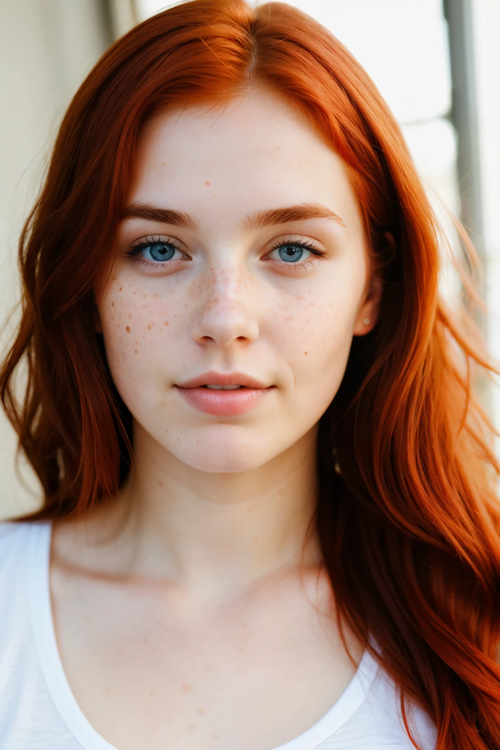 a beautiful young adult woman realist in her 20s with red hair, blue eyes, freckles and rosy cheeks