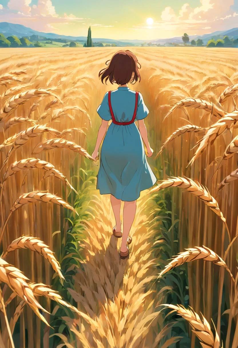 a lifestyle shot of a person walking through a wheat field, surrounded by the tall stalks, capturing the sense of being immersed in the beauty of nature