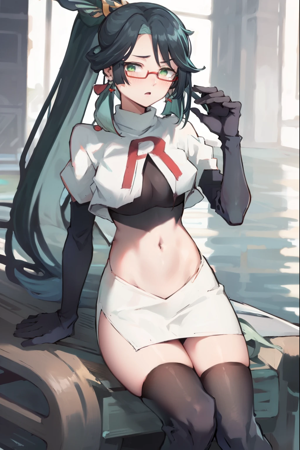 2d, masterpiece, best quality, anime, highly detailed face, perfect lighting, long hair, ponytail, multicolored hair, black hair, bangs, glasses, semi-rimless eyewear, earrings, green hair, hair ornament, jewelry, red-framed eyewear, green eyes, team rocket,team rocket uniform,white skirt,red letter R,crop top,black thigh-highs,black elbow gloves, embarrassed, blush