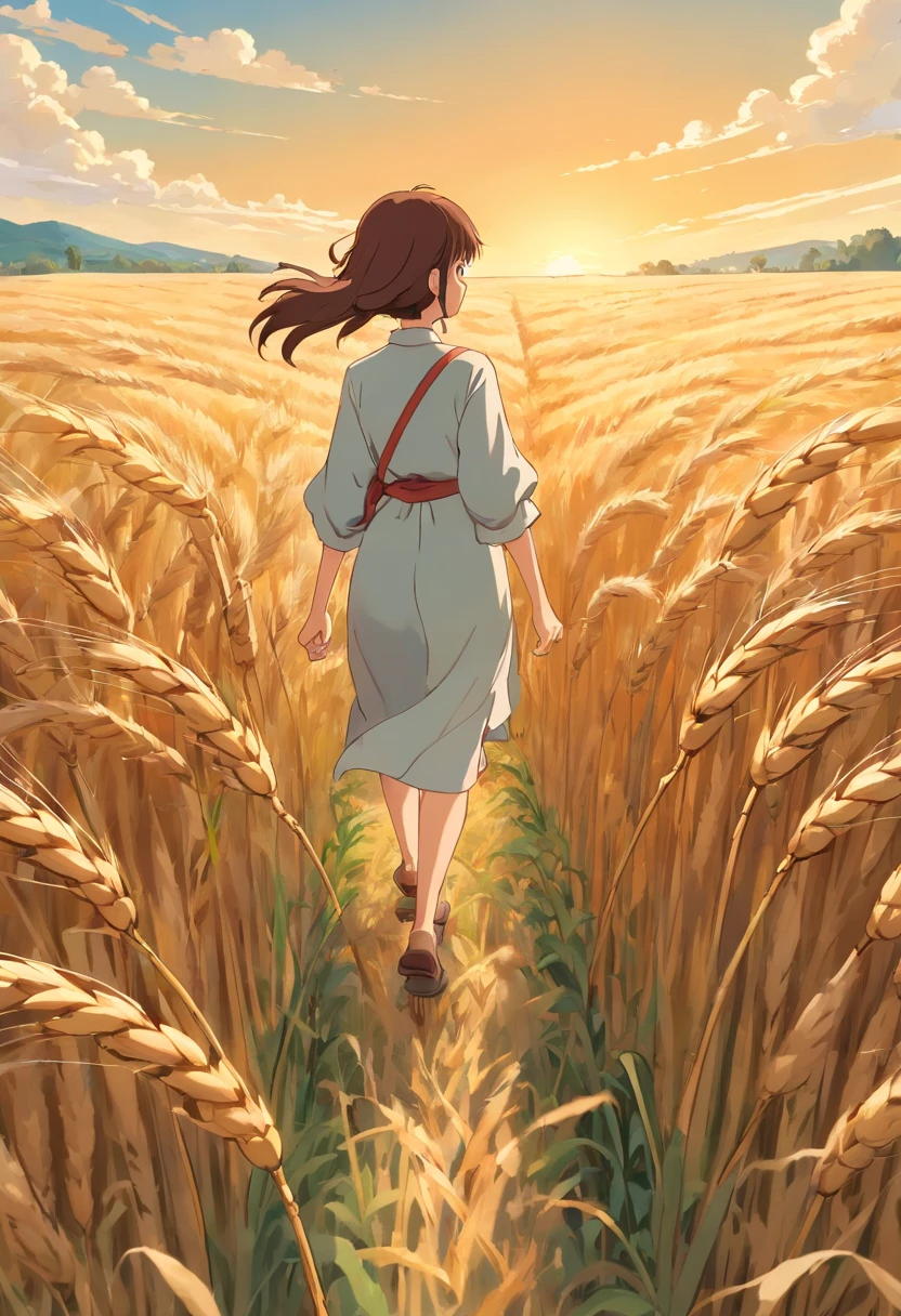 a lifestyle shot of a person walking through a wheat field, surrounded by the tall stalks, capturing the sense of being immersed in the beauty of nature