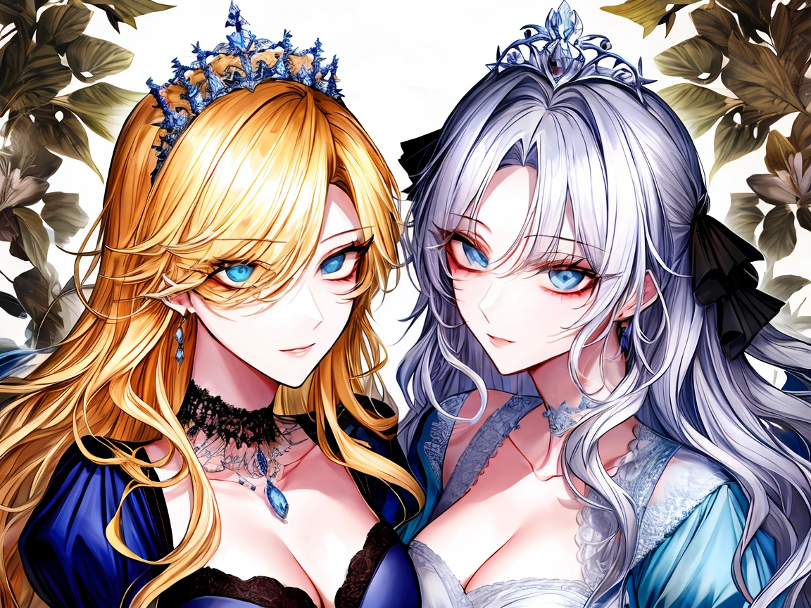 shoujo-style, (floral background), romance manhwa, (2girls:1.2), (aligned), silver hair, blonde hair, solo, long hair, flower, dress, (tiara), white dress, gloves, long sleeves, choker, mascara, makeup, white gloves, black bow, black flower, wavy hair, bow, jewelry, looking at viewer, white background, collarbone, (cleavage), puffy sleeves, silver accessories, necklace, upper body, parted bangs, very long hair, blue dress, frills, bangs, closed mouth, detailed eyes, (close up), gleaming skin, shiny glossy skin