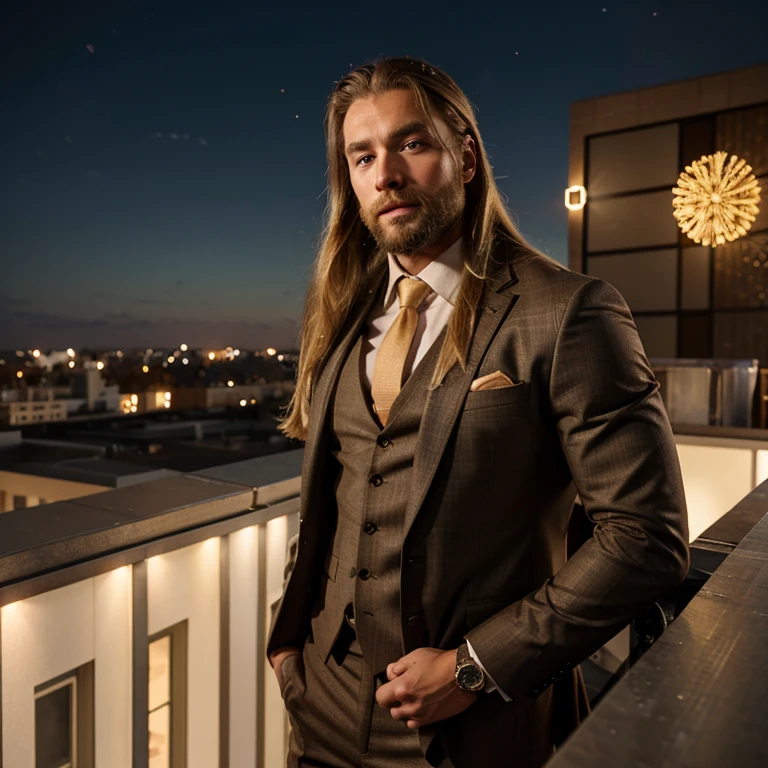 Bodybuilder with blonde long hair and beard brown eyes in a suit on a rooftop celebrating new year