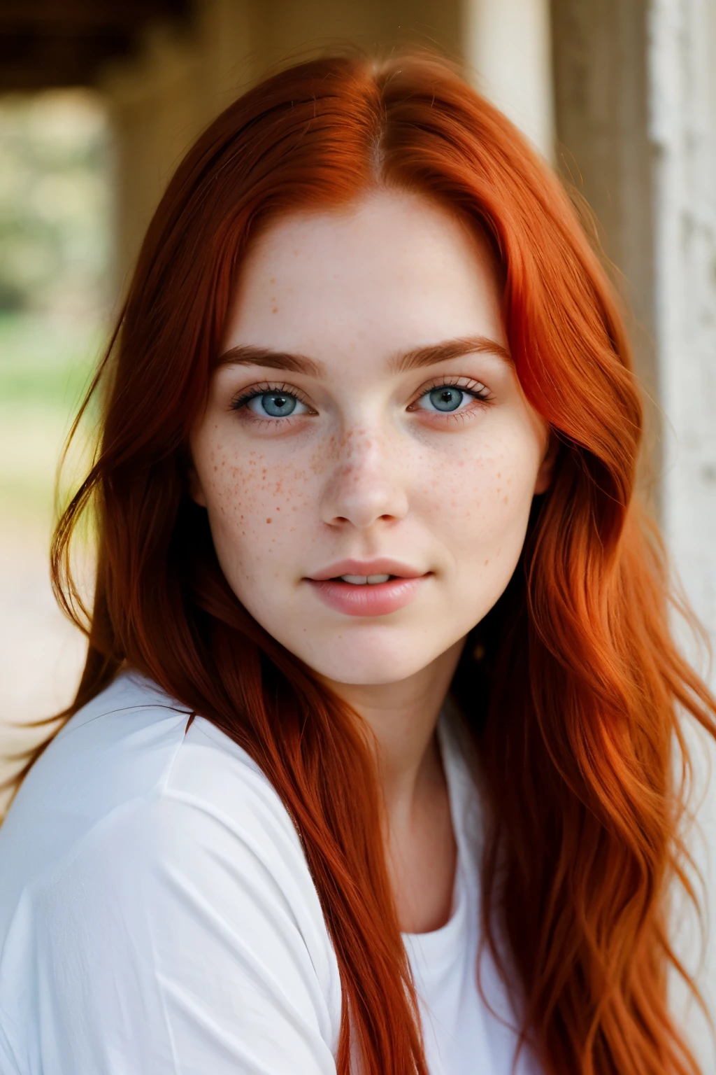 a beautiful young adult woman realist in her 20s with red hair, blue eyes, freckles and rosy cheeks
