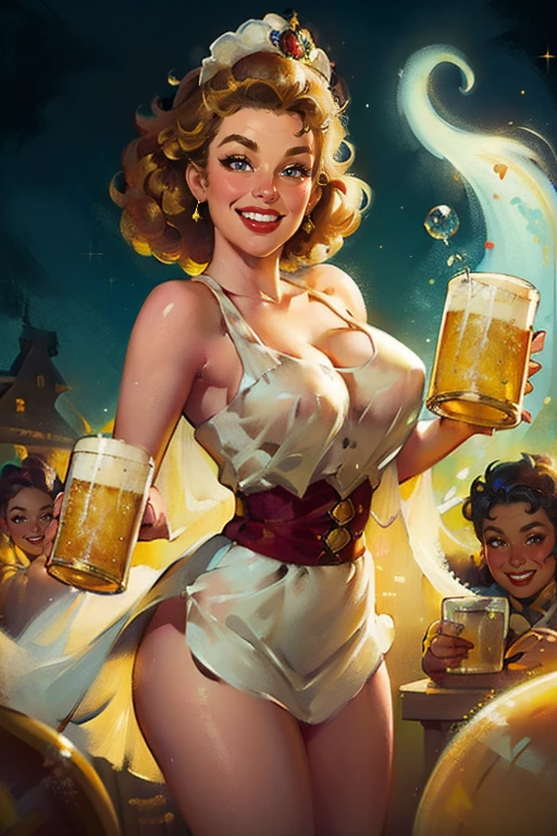 hyper detailed masterpiece, dynamic and extraordinary quality, transparent, carefree beer spirit, grouped with yellowish floating foamy beer bubbles, resembles a sexy, friendly, ghostly, ethereal woman, otherworldly brewer, spreading cheerfulness and good mood, twinkle in the eyes , hearty laughter,